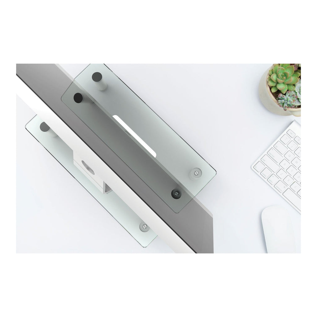 Innovera Adjustable Tempered Glass Monitor Riser, 15.75" x 9.5" x 3" to 3.5", Clear/Silver, Supports 44 lbs