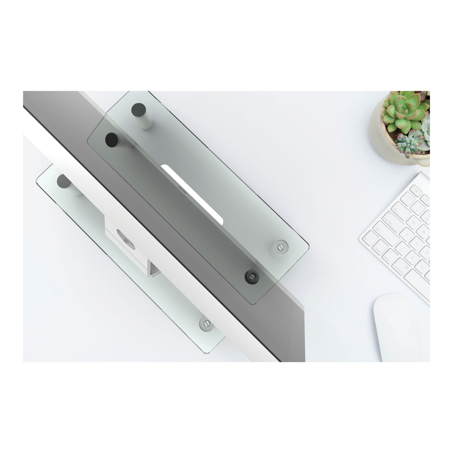 Innovera Adjustable Tempered Glass Monitor Riser, 15.75" x 9.5" x 3" to 3.5", Clear/Silver, Supports 44 lbs