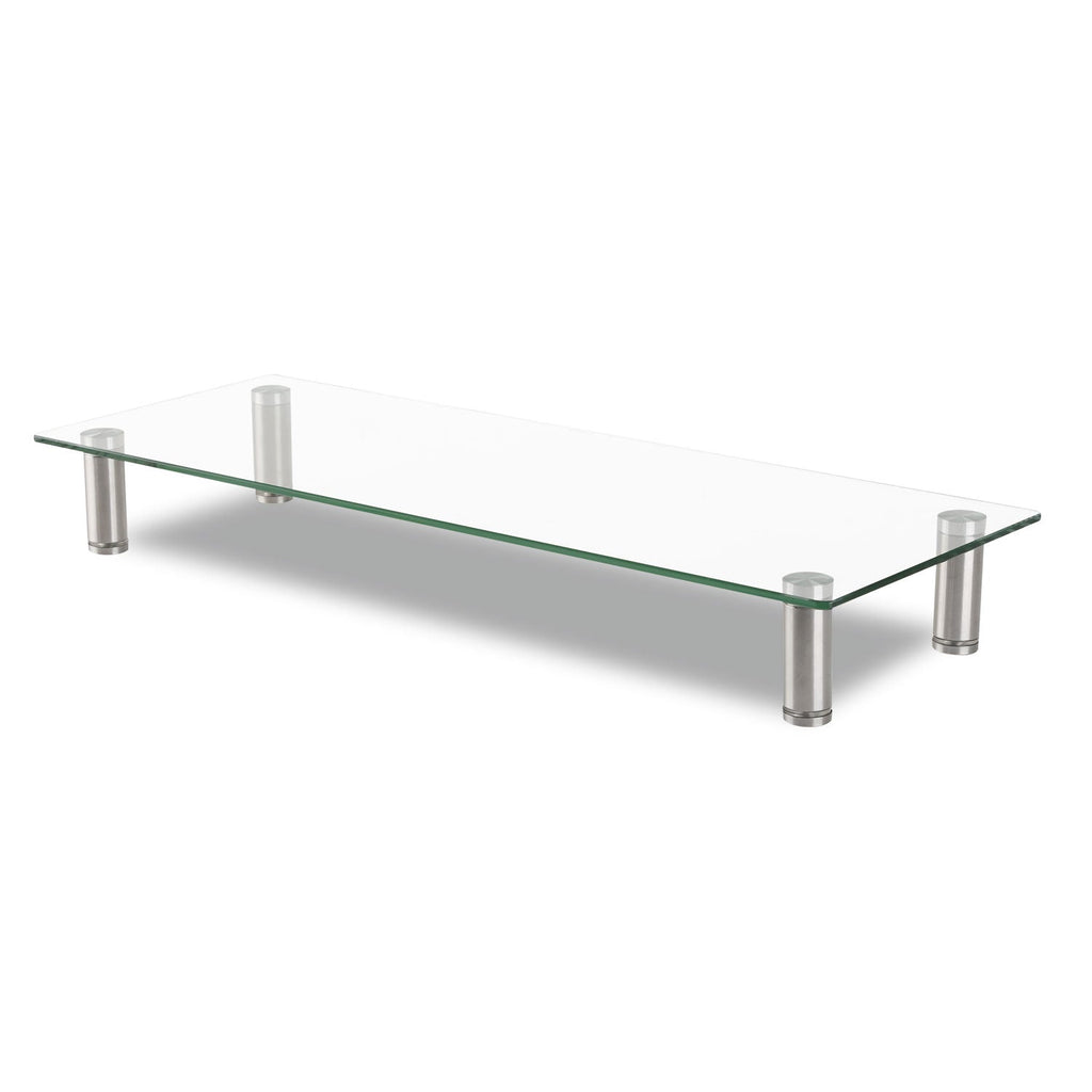 Innovera Adjustable Tempered Glass Monitor Riser, 22.75" x 8.25" x 3" to 3.5", Clear/Silver