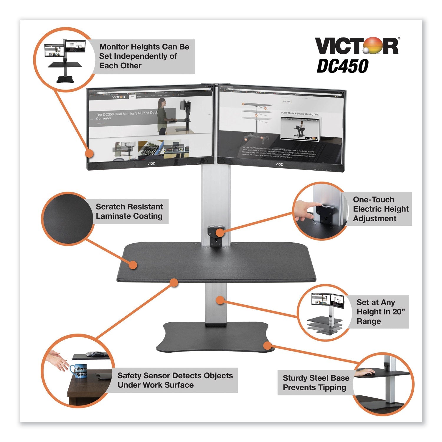Victor High Rise Electric Dual Monitor Standing Desk Workstation, 28" x 23" x 20.25", Black/Aluminum