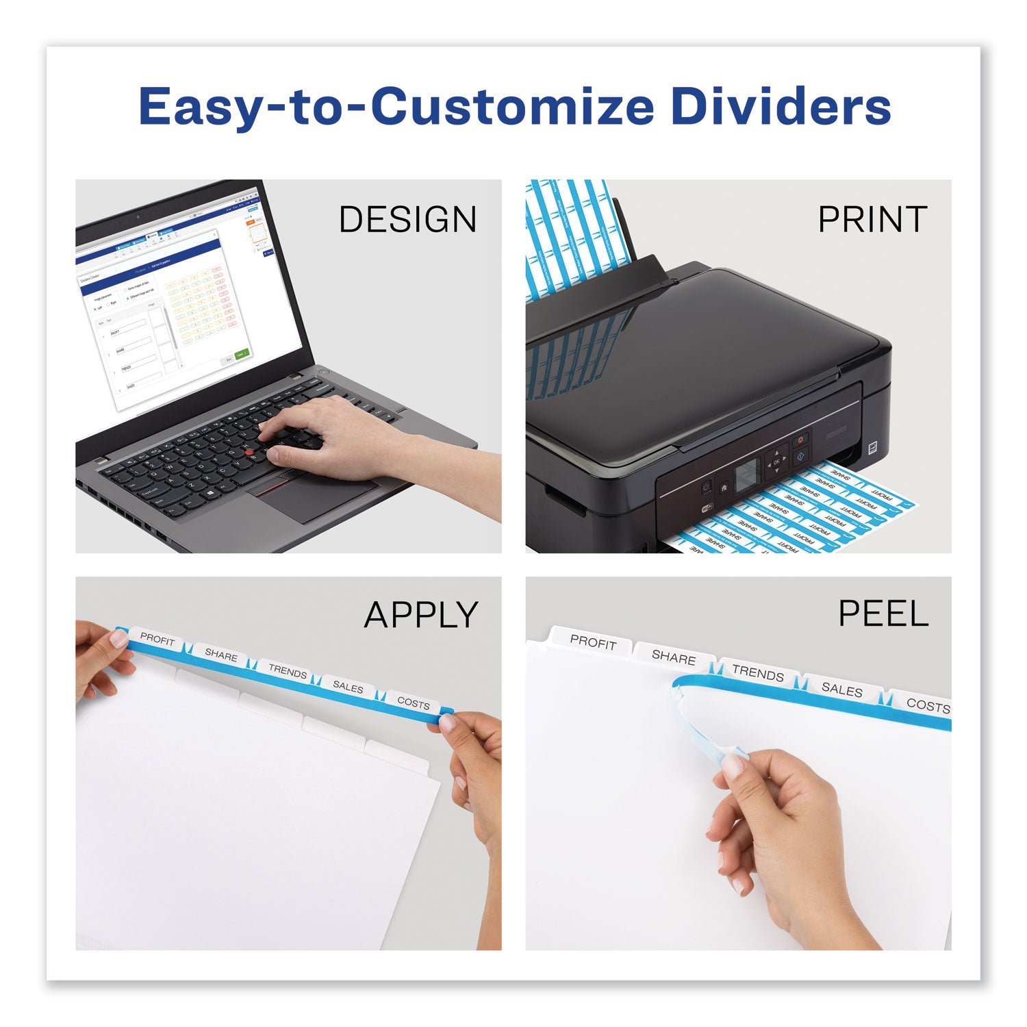 Avery Print and Apply Index Maker Clear Label Dividers, 5-Tab, Color Tabs, 11 x 8.5, White, Blue Tabs, 5 Sets