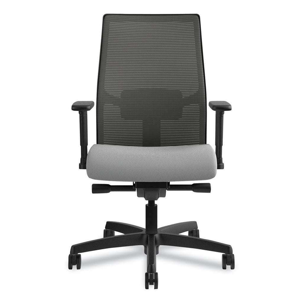 HON Ignition 2.0 4-Way Stretch Mid-Back Mesh Task Chair, Supports 300 lb, 17" to 21" Seat, Frost Seat, Charcoal Back, Black Base