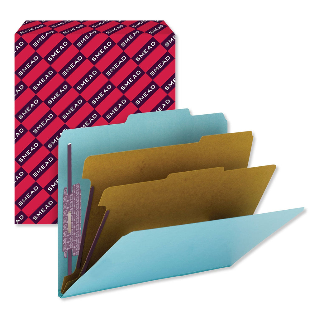 Smead Six-Section Pressboard Top Tab Classification Folders with SafeSHIELD Fasteners, 2 Dividers, Letter Size, Blue, 10/Box