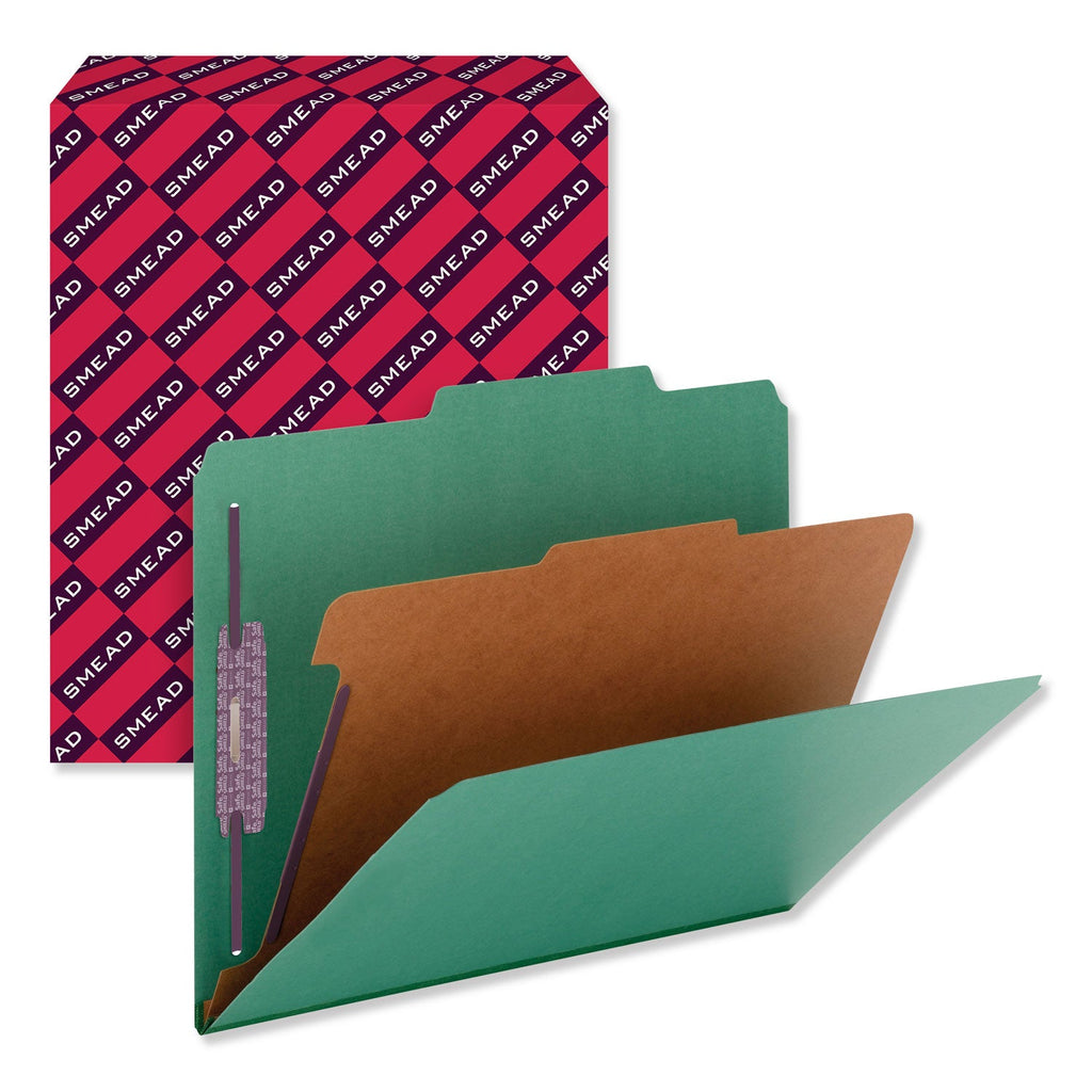 Smead Four-Section Pressboard Top Tab Classification Folders with SafeSHIELD Fasteners, 1 Divider, Letter Size, Green, 10/Box