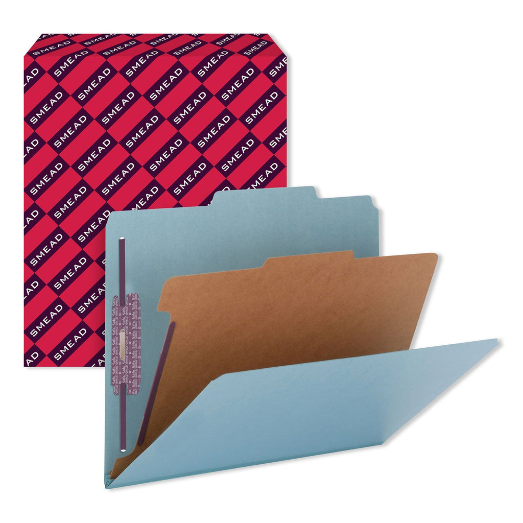 Smead Four-Section Pressboard Top Tab Classification Folders with SafeSHIELD Fasteners, 1 Divider, Letter Size, Blue, 10/Box