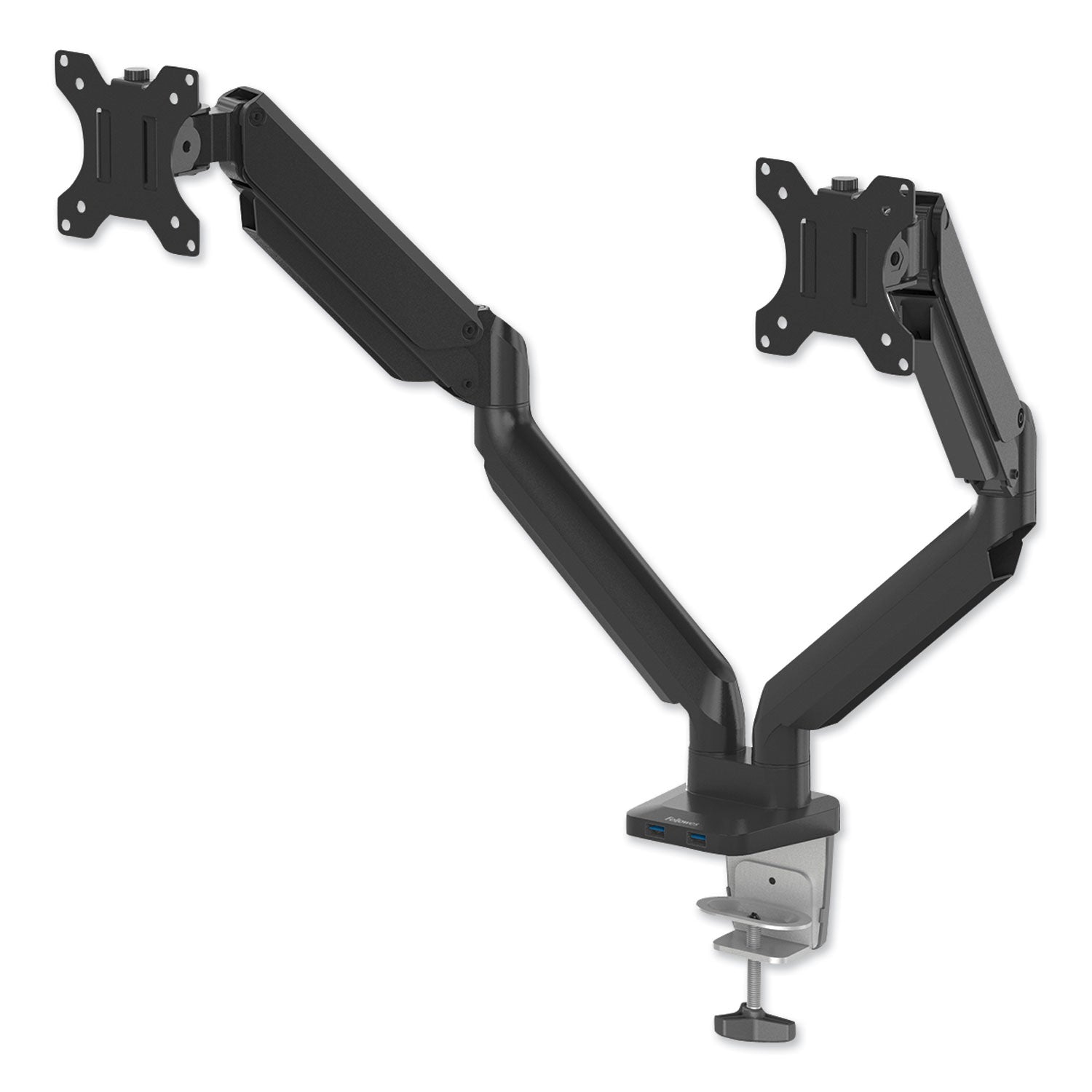 Fellowes Platinum Series Dual Monitor Arm for 27" Monitors, 360 deg Rotation, +85 deg/-20 deg Tilt, 360 deg Pan, Black, Supports 20 lb
