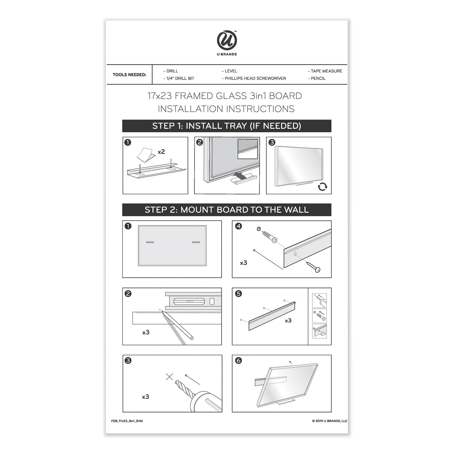 U Brands 3N1 Magnetic Glass Dry Erase Combo Board, 36 x 24, Month View, White Surface and Frame