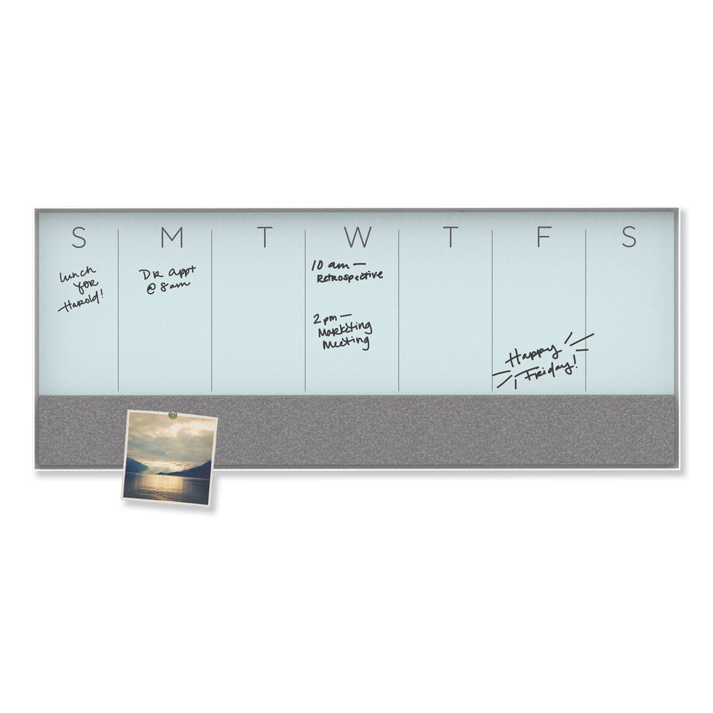 U Brands 3N1 Magnetic Glass Dry Erase Combo Board, 35 x 14.25, Week View, White Surface and Frame