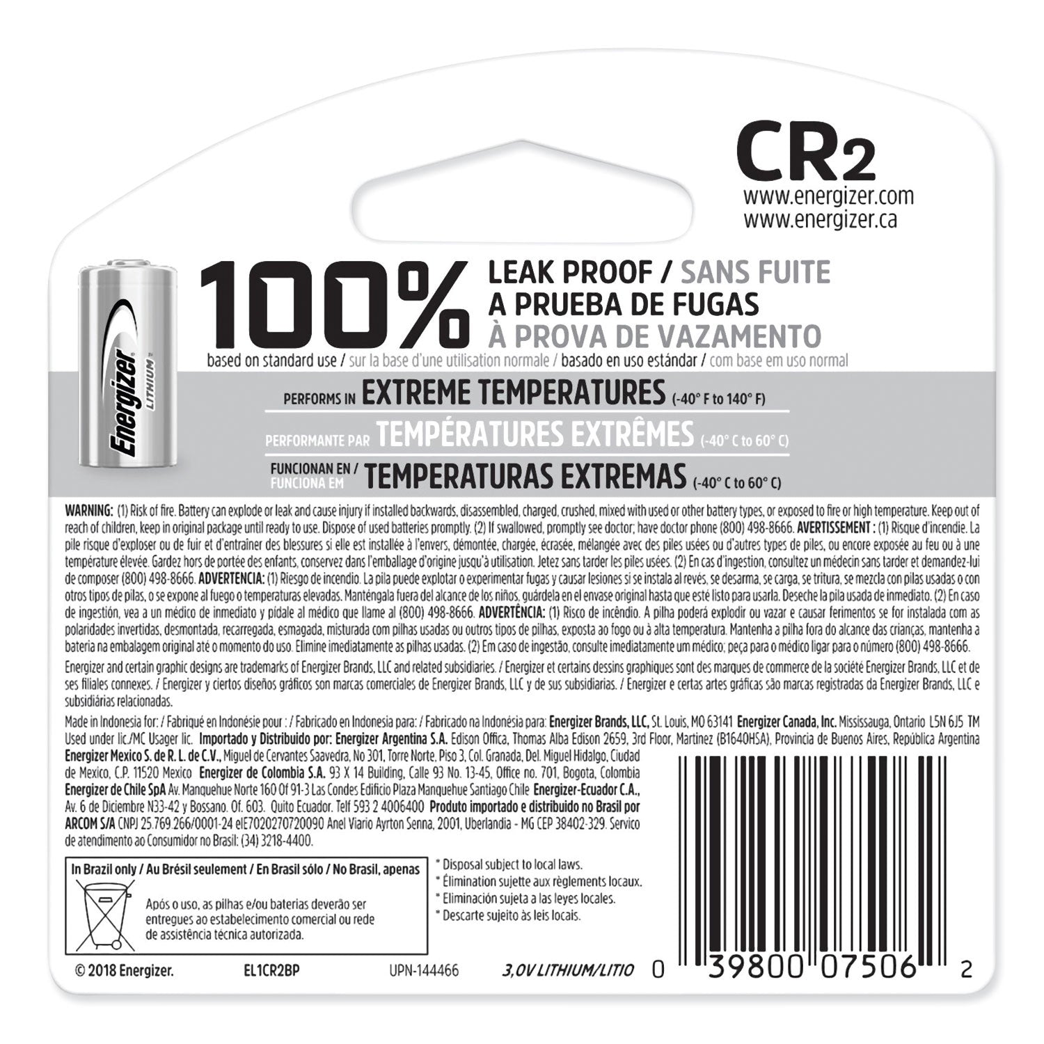 Energizer CR2 Lithium Photo Battery, 3 V