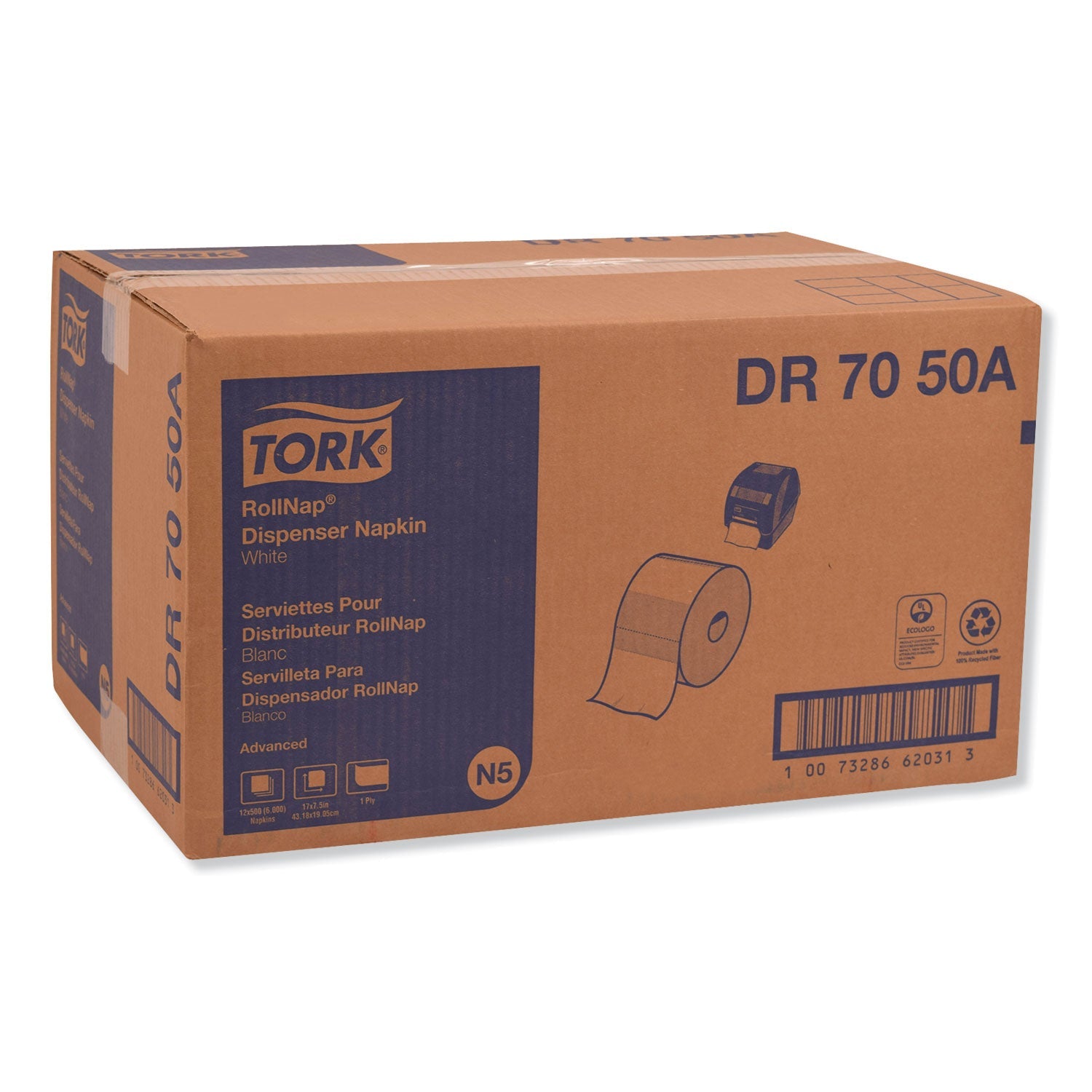 Tork Rollnap Dispenser Napkins, 1-Ply, 17" x 7.13", Roll, White, 6000/Carton