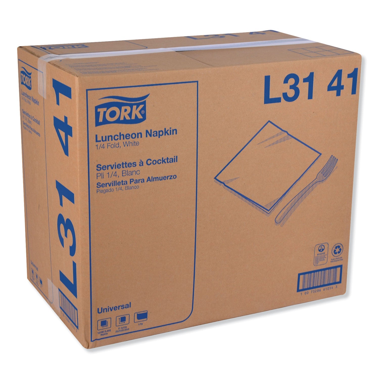 Tork Universal Luncheon Napkins, 1-Ply, 13" x 11.5", 1/4 Fold, Poly-Pack, White 6000/Carton