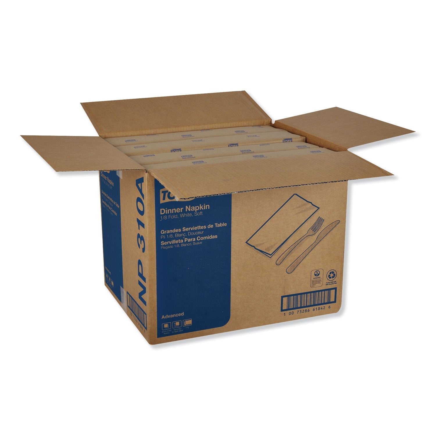 Tork Advanced Dinner Napkins, 2 Ply, 15" x 16.25", 1/8 Fold, White, 375/Packs, 8 Packs/Carton