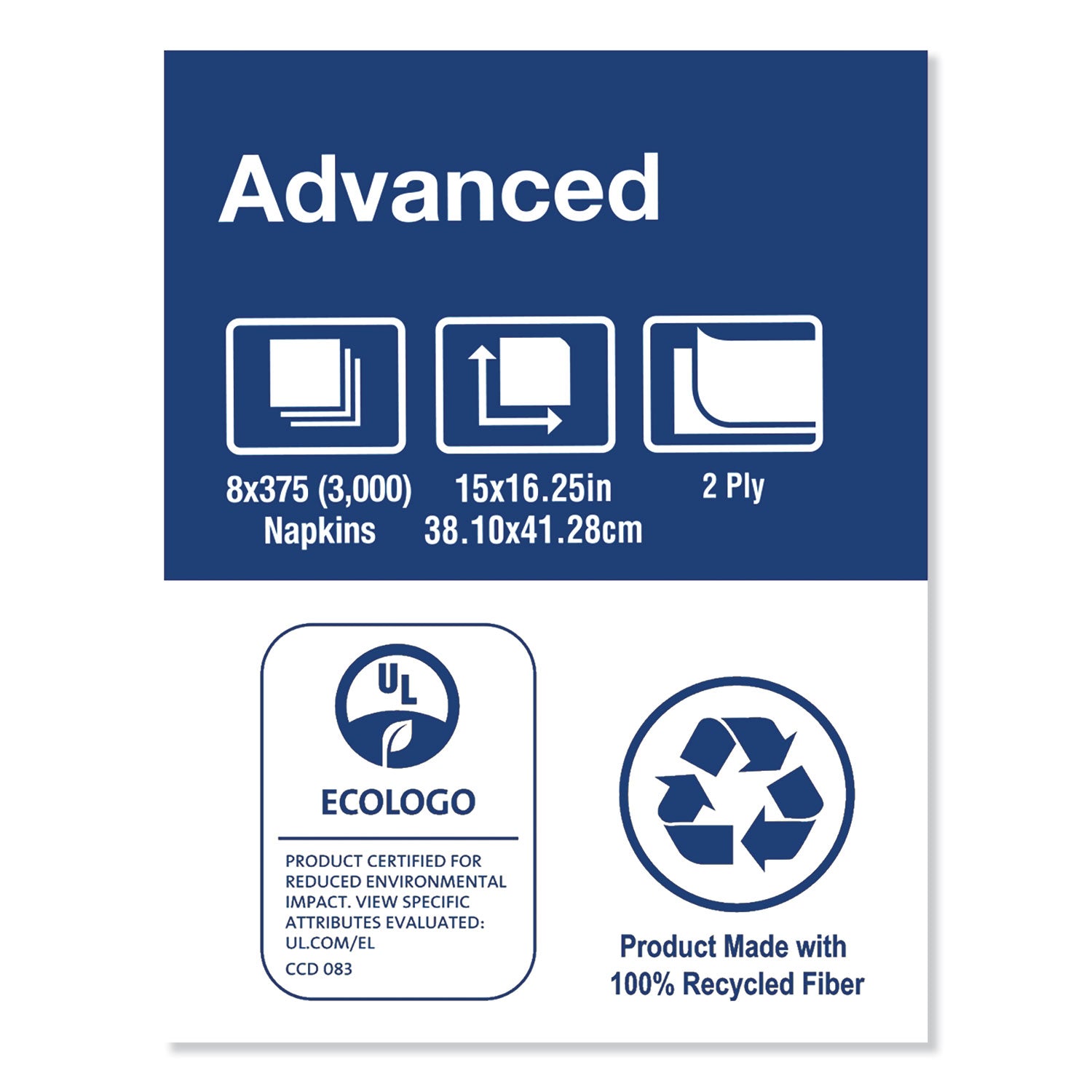 Tork Advanced Dinner Napkins, 2 Ply, 15" x 16.25", 1/8 Fold, White, 375/Packs, 8 Packs/Carton