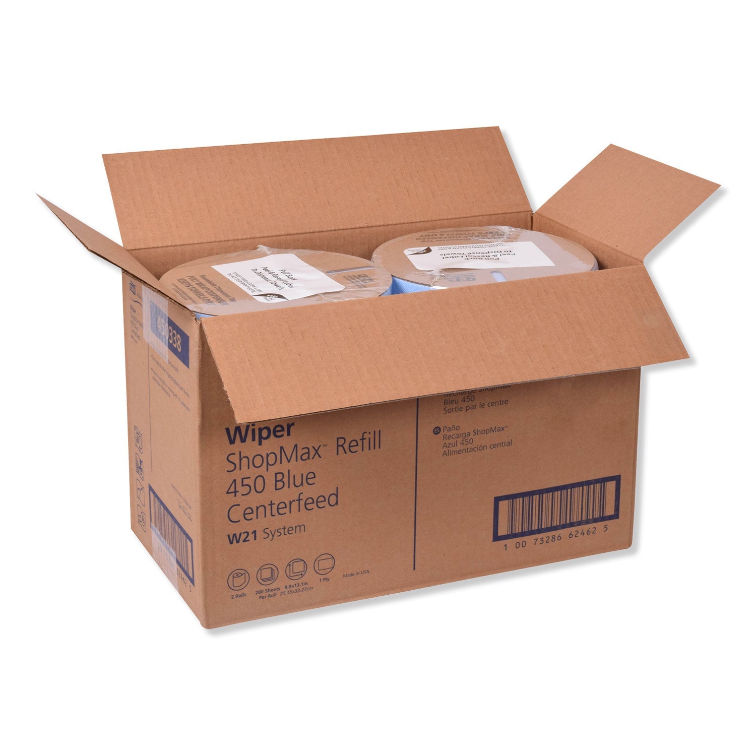 Tork Advanced ShopMax Wiper 450, Centerfeed Refill, 9.9 x 13.1, Blue, 200/Roll, 2 Rolls/Carton