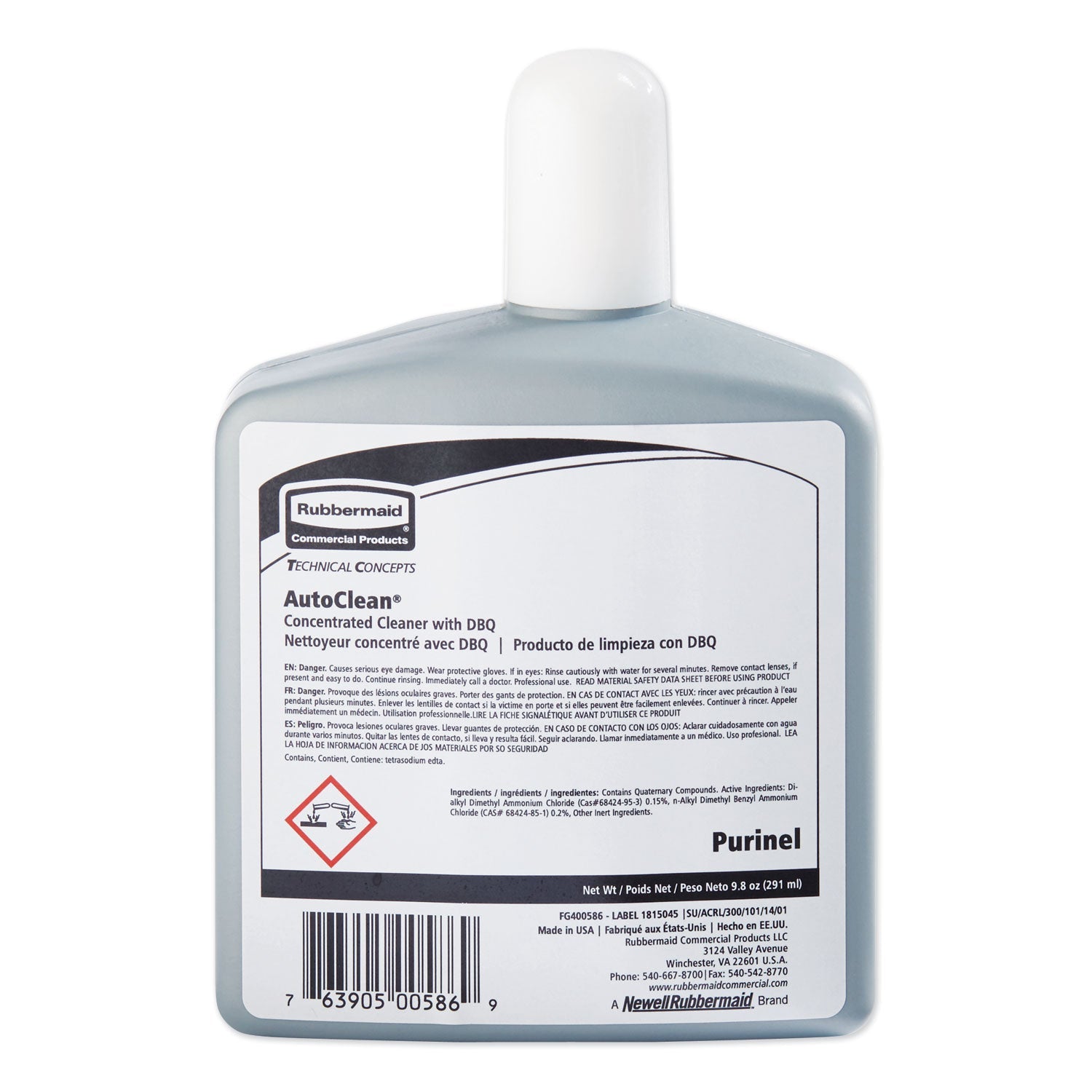 Rubbermaid Purinel Drain Maintainer/Cleaner, 9.8oz Refill, Use w/AutoClean Systems, 6/CT