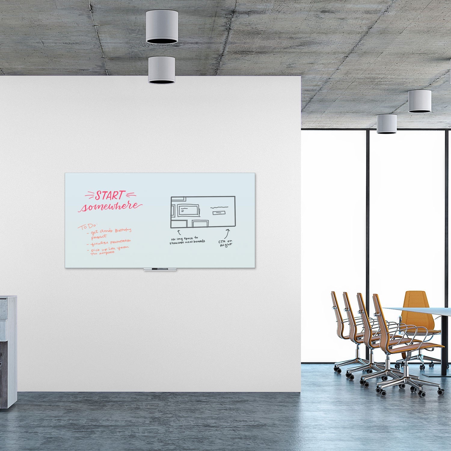U Brands Floating Glass Dry Erase Board, 72 x 36, White