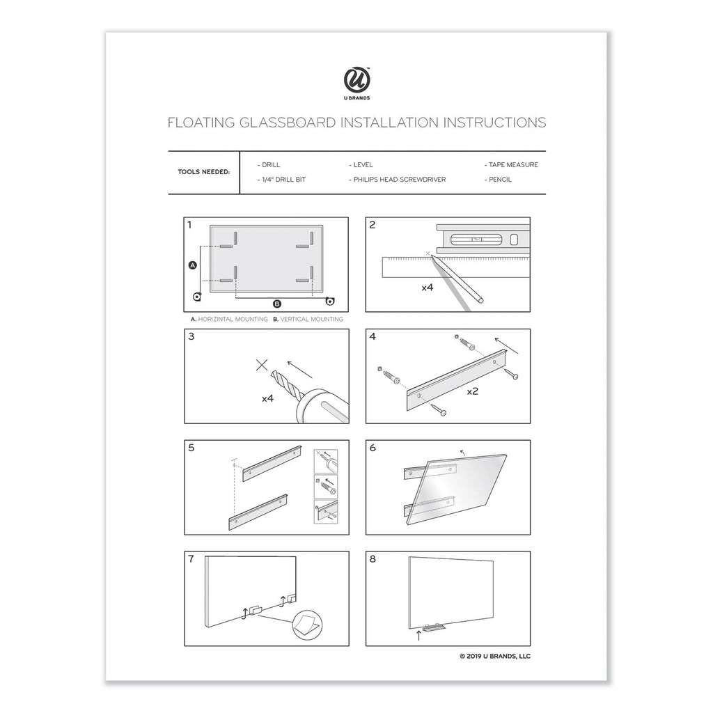 U Brands Floating Glass Dry Erase Board, 72 x 36, White