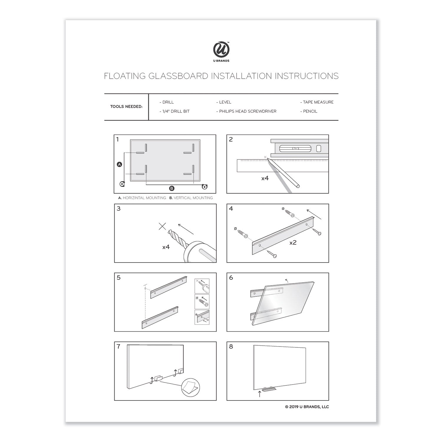 U Brands Floating Glass Dry Erase Board, 72 x 36, White