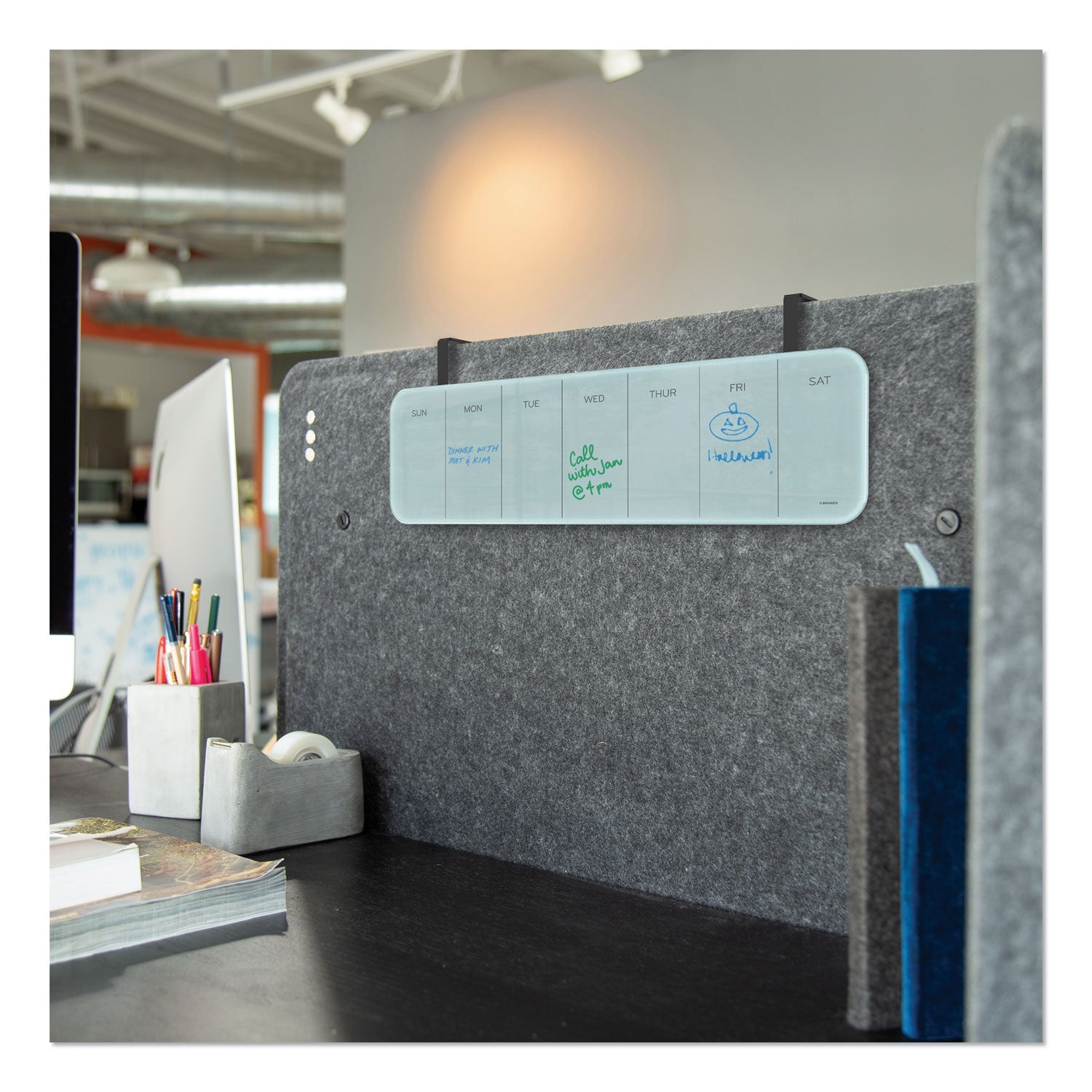 U Brands Cubicle Glass Dry Erase Undated One Week Calendar Board, 20 x 5.5, White