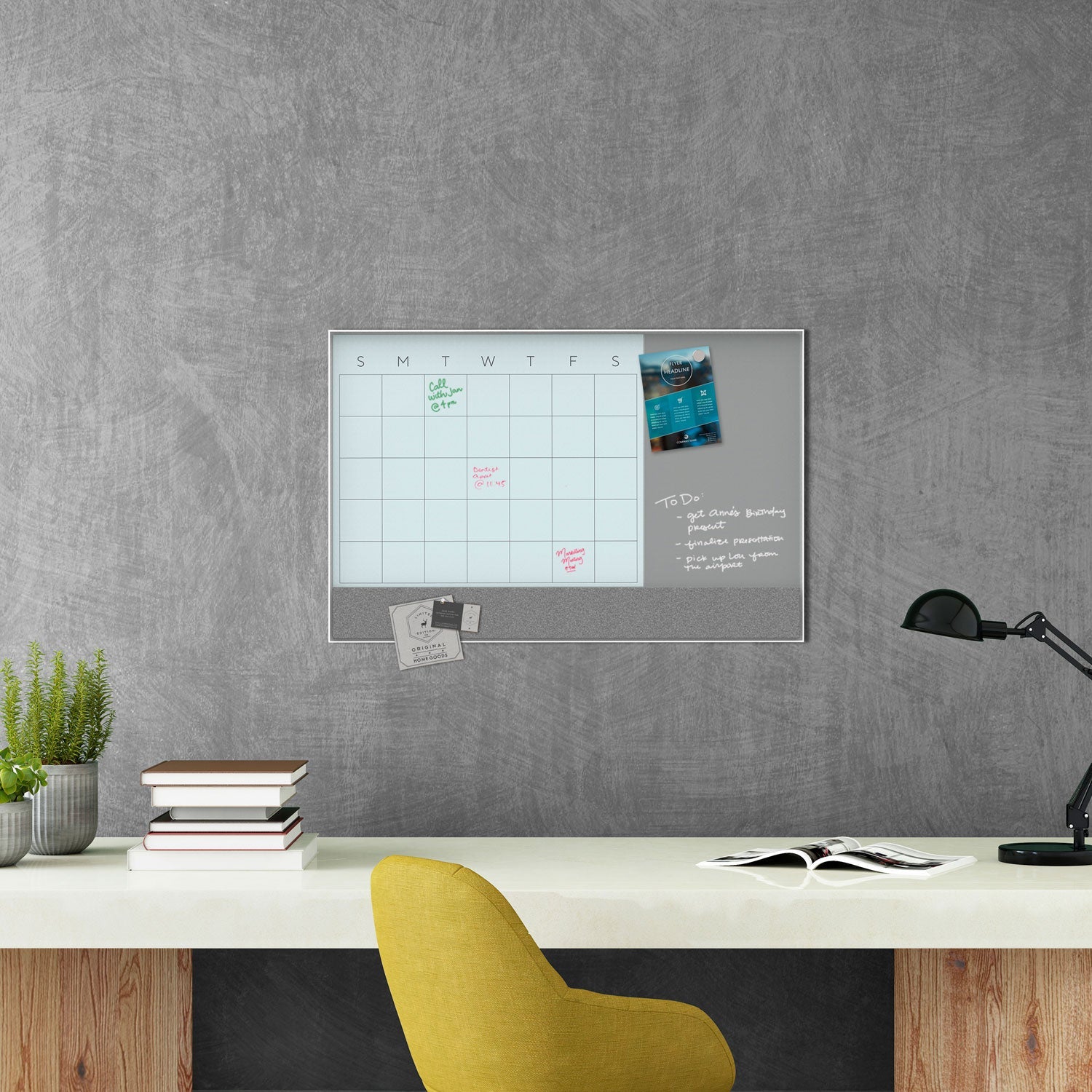 U Brands 3N1 Magnetic Glass Dry Erase Combo Board, 36 x 24, Month View, White Surface and Frame