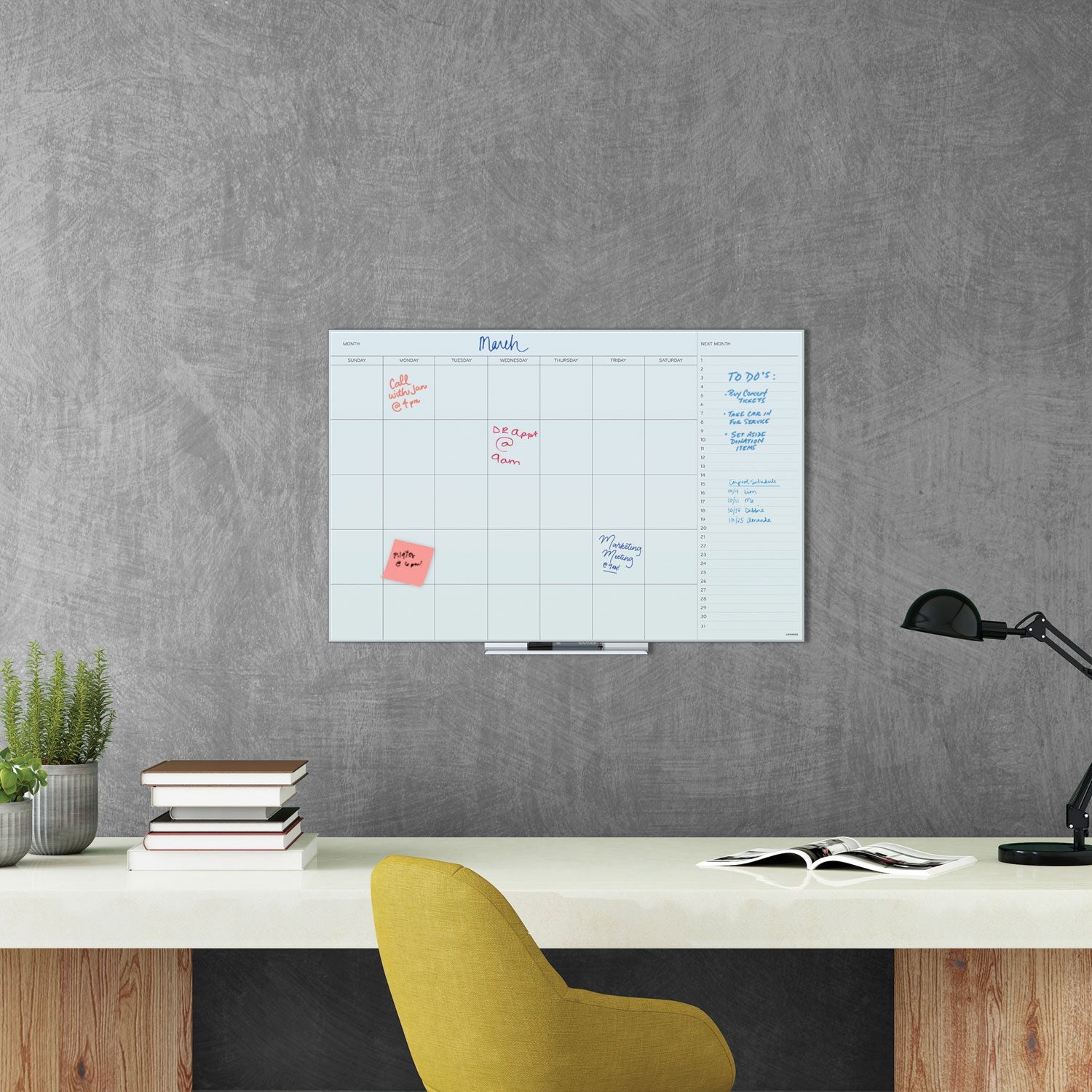 U Brands Floating Glass Dry Erase Undated One Month Calendar, 36 x 24, White