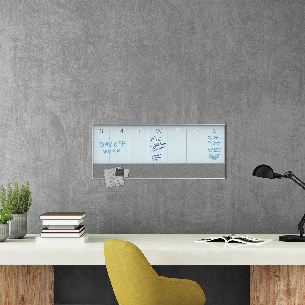 U Brands 3N1 Magnetic Glass Dry Erase Combo Board, 35 x 14.25, Week View, White Surface and Frame