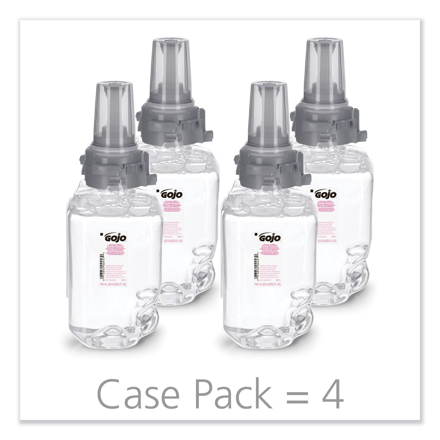 GOJO Clear and Mild Foam Handwash Refill, For ADX-7 Dispenser, Fragrance-Free, 700 mL, Clear, 4/Carton