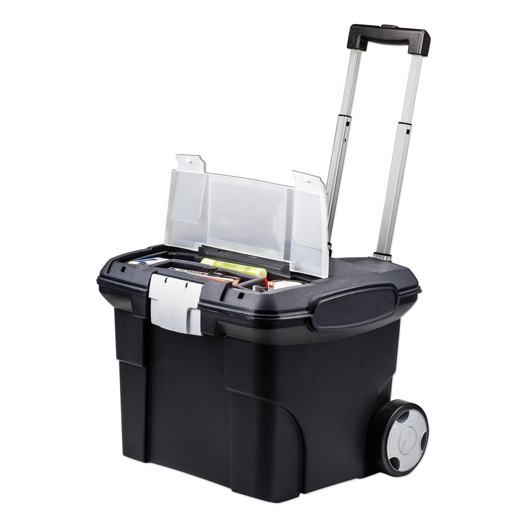 Storex Premium Mobile File Transport Box with Telescoping Handle and Organizer Tray, Letter Files, 15" x 16.38" x 14.25", Black/Gray