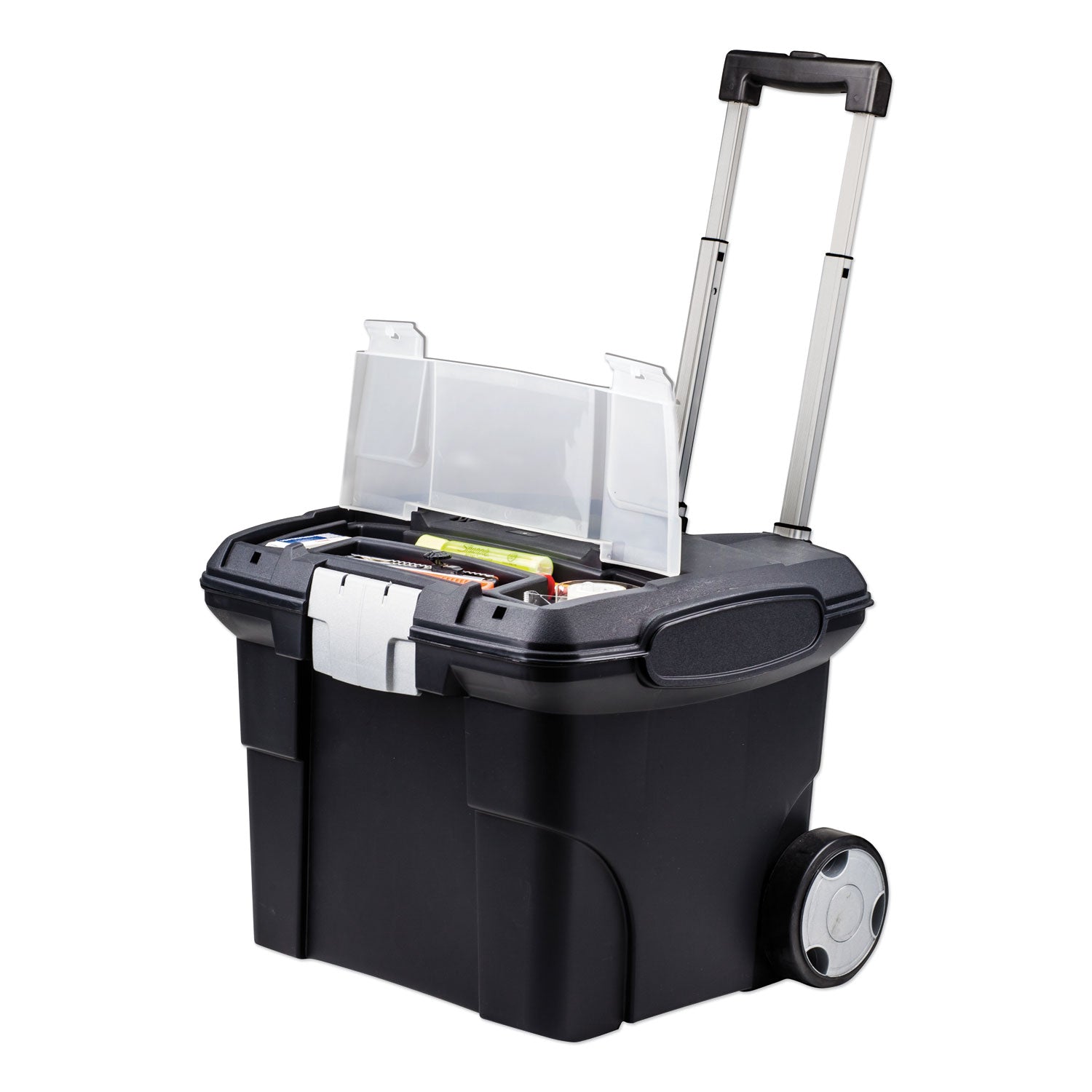 Storex Premium Mobile File Transport Box with Telescoping Handle and Organizer Tray, Letter Files, 15" x 16.38" x 14.25", Black/Gray