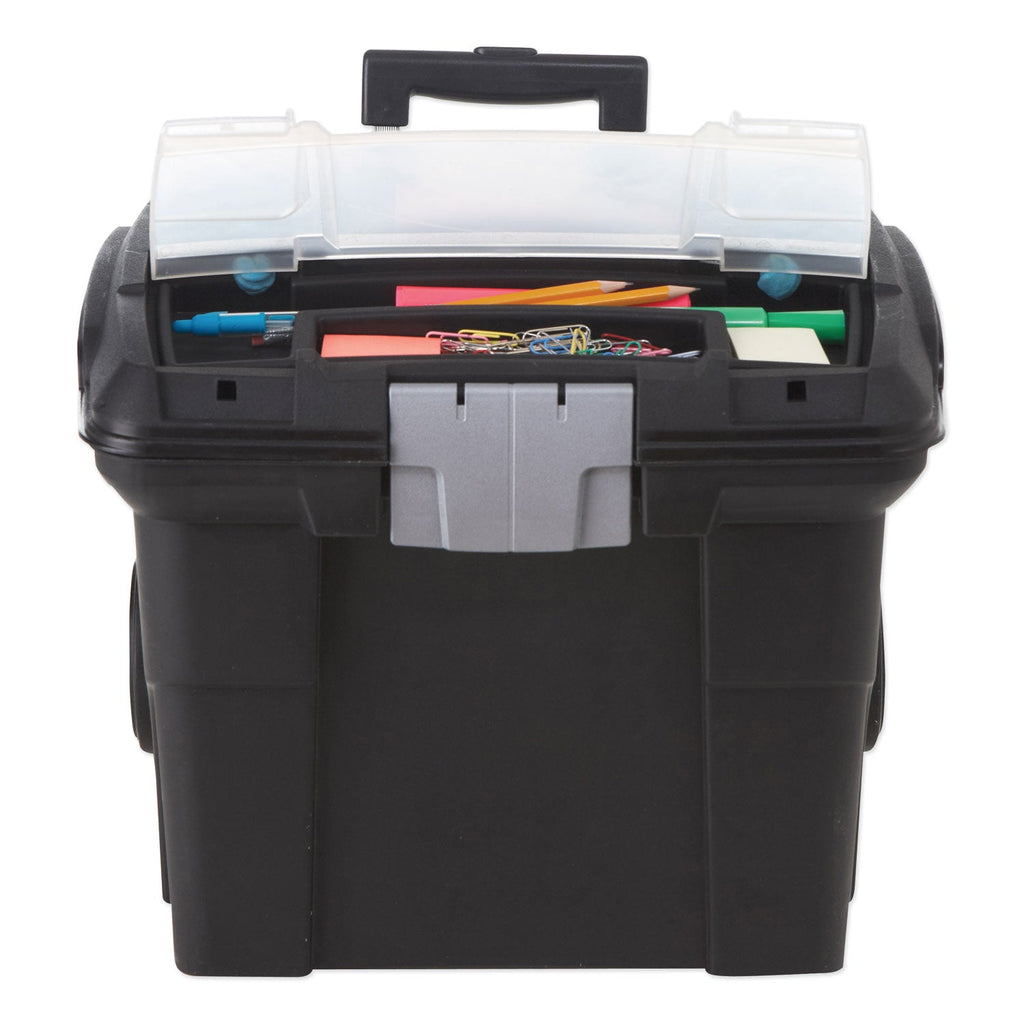 Storex Premium Mobile File Transport Box with Telescoping Handle and Organizer Tray, Letter Files, 15" x 16.38" x 14.25", Black/Gray
