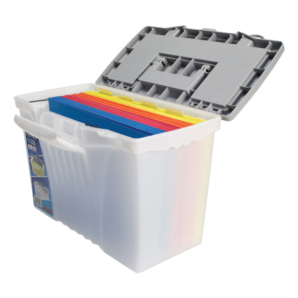 Storex Portable Letter/Legal Filebox with Organizer Lid, Letter/Legal Files, 14.5" x 10.5" x 12", Clear/Silver