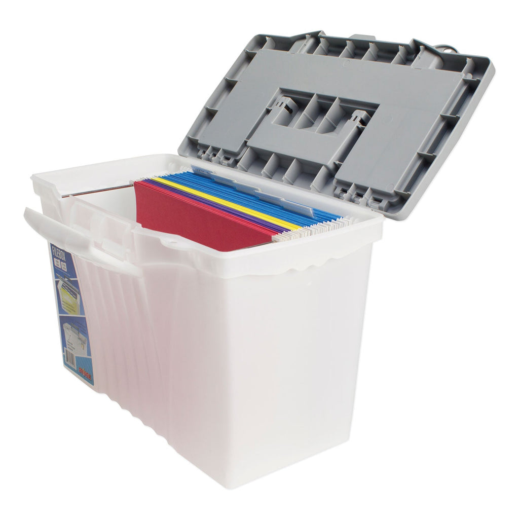 Storex Portable Letter/Legal Filebox with Organizer Lid, Letter/Legal Files, 14.5" x 10.5" x 12", Clear/Silver