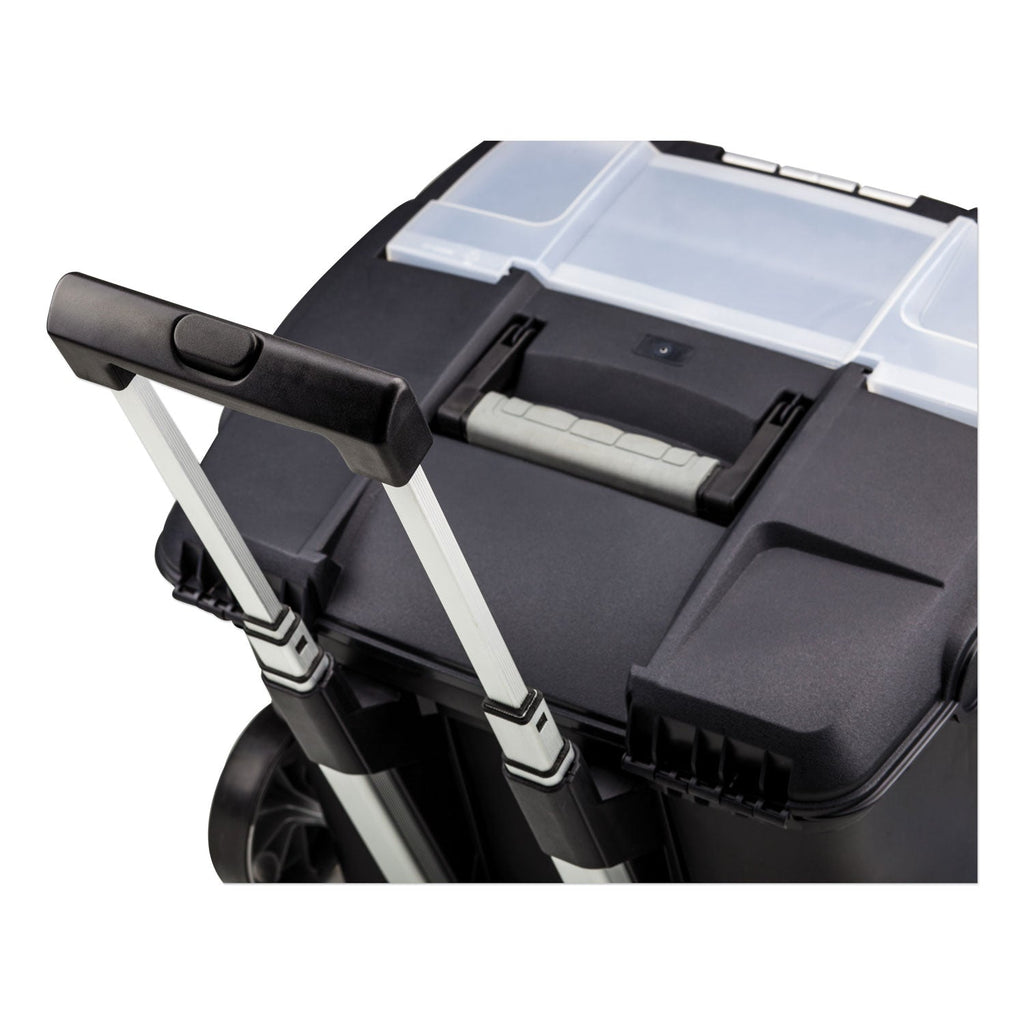 Storex Premium Mobile File Transport Box with Telescoping Handle and Organizer Tray, Letter Files, 15" x 16.38" x 14.25", Black/Gray