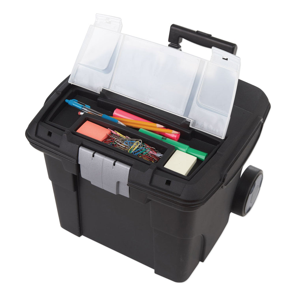 Storex Premium Mobile File Transport Box with Telescoping Handle and Organizer Tray, Letter Files, 15" x 16.38" x 14.25", Black/Gray