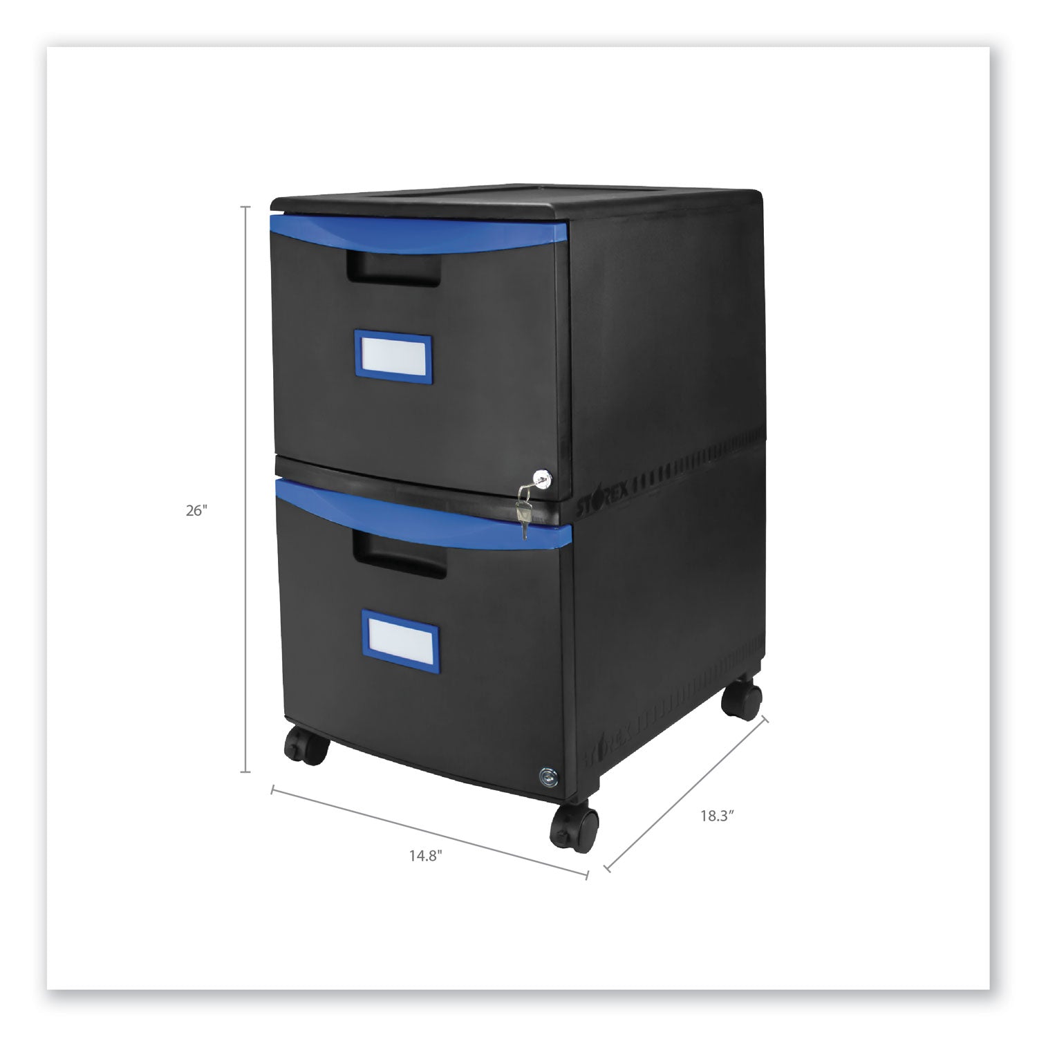 Storex Two-Drawer Mobile Filing Cabinet, 2 Legal/Letter-Size File Drawers, Black/Blue, 14.75" x 18.25" x 26"