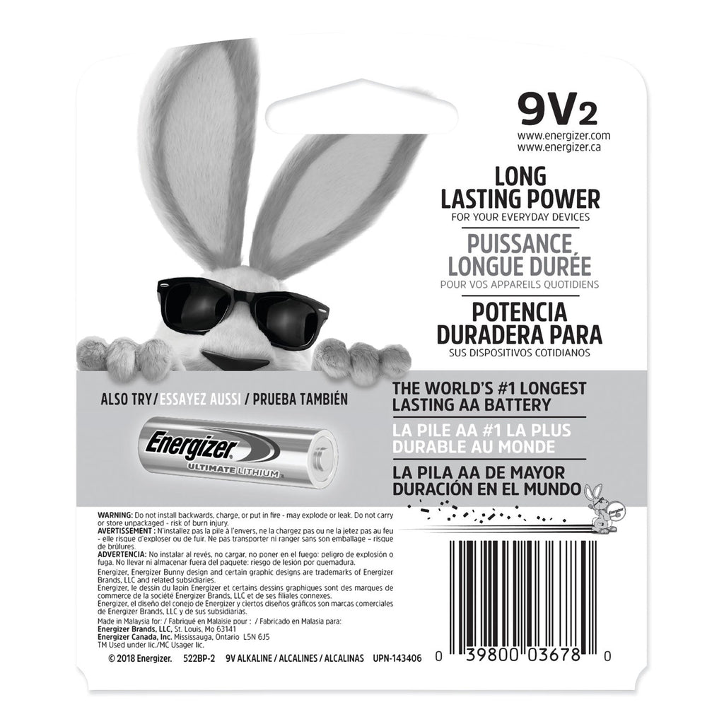 Energizer MAX Alkaline 9V Batteries, 2/Pack