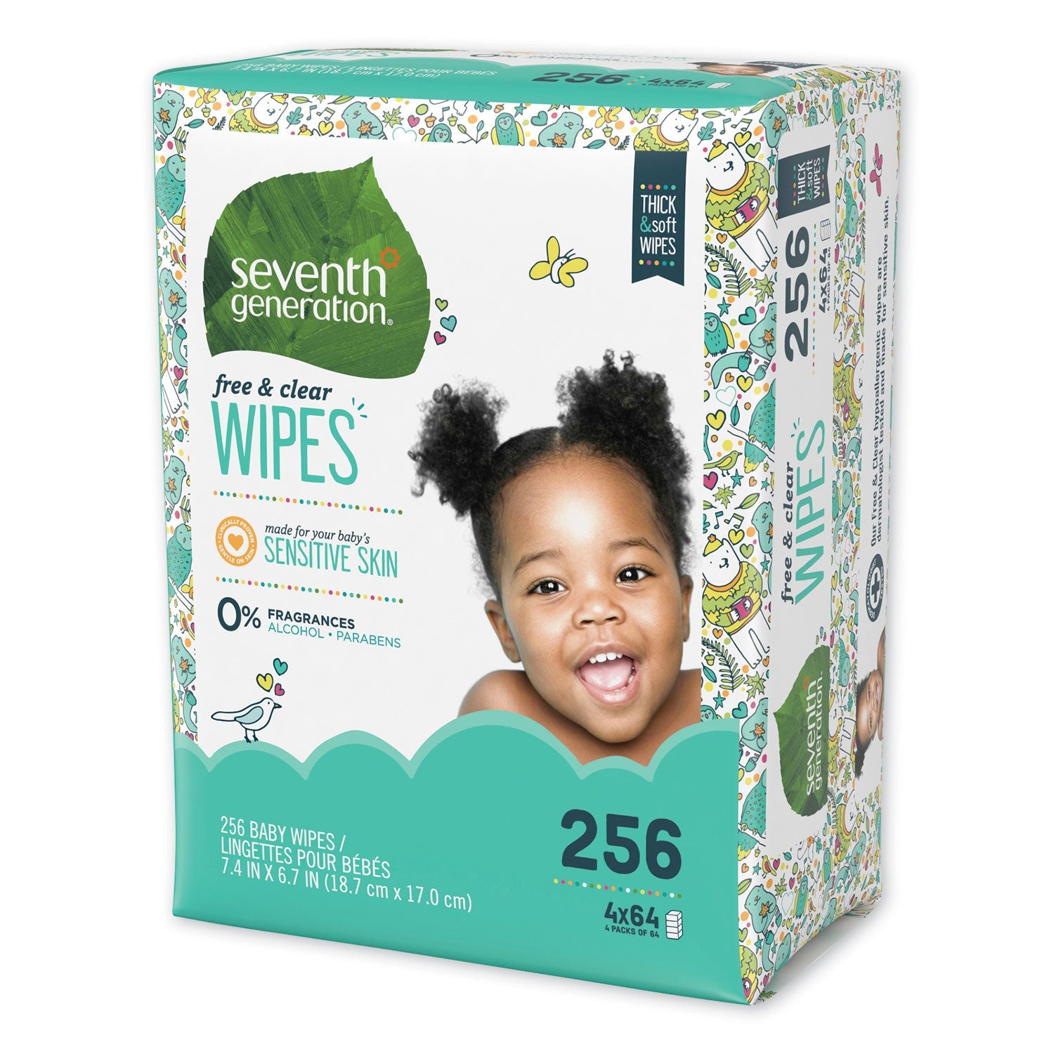 Seventh Generation Free and Clear Baby Wipes, 7 x 7, Refill, Unscented, White, 256/Pack, 3 Packs/Carton