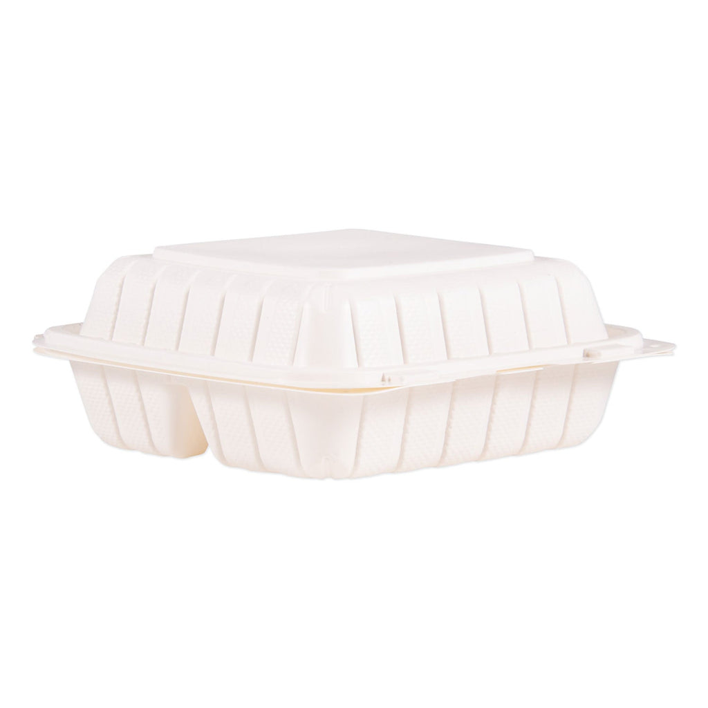ProPlanet Hinged Lid Containers, 3-Compartment, 8.3 x 8 x 3, White, Plastic, 150/Carton