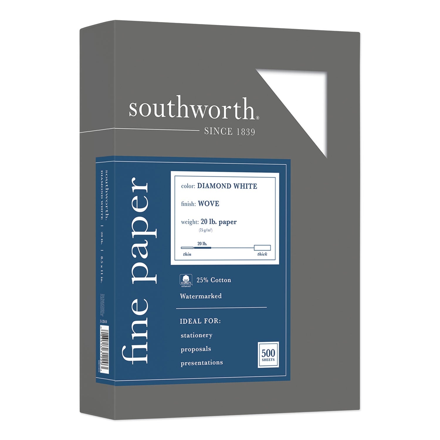 Southworth 25% Cotton Diamond White Business Paper, 95 Bright, 20 lb Bond Weight, 8.5 x 11, 500/Ream