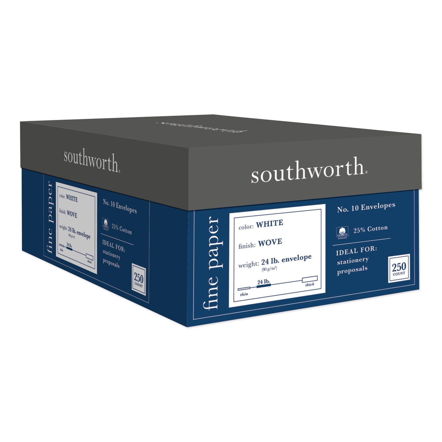 Southworth 25% Cotton #10 Business Envelope, Commercial Flap, Gummed Closure, 4.13 x 9.5, White, 250/Box
