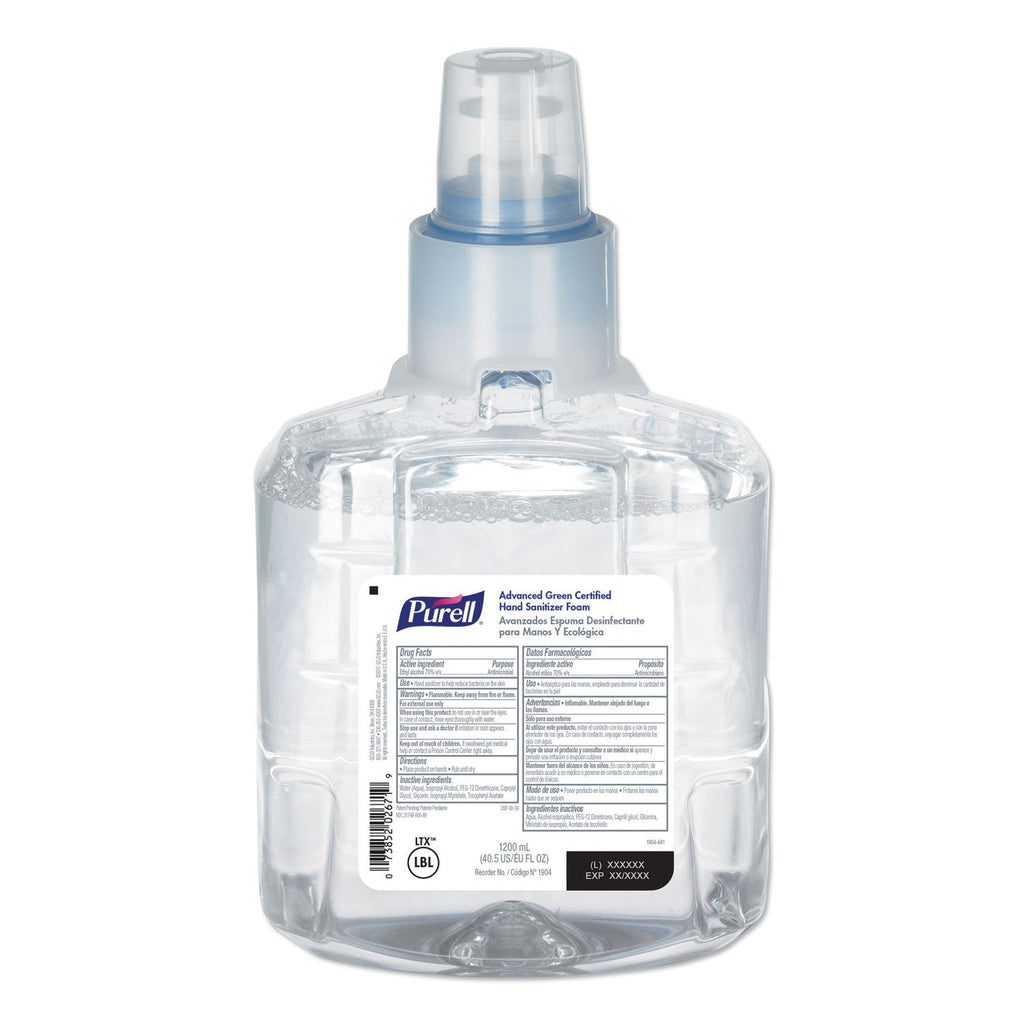 PURELL Advanced Hand Sanitizer Green Certified Foam Refill, For LTX-12 Dispensers, 1,200 mL, Fragrance-Free, 2/Carton