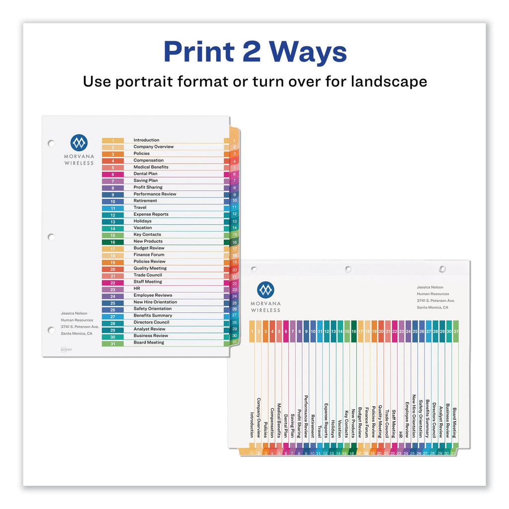 Avery Customizable TOC Ready Index Multicolor Tab Dividers, 31-Tab, 1 to 31, 11 x 8.5, White, Traditional Color Tabs, 1 Set