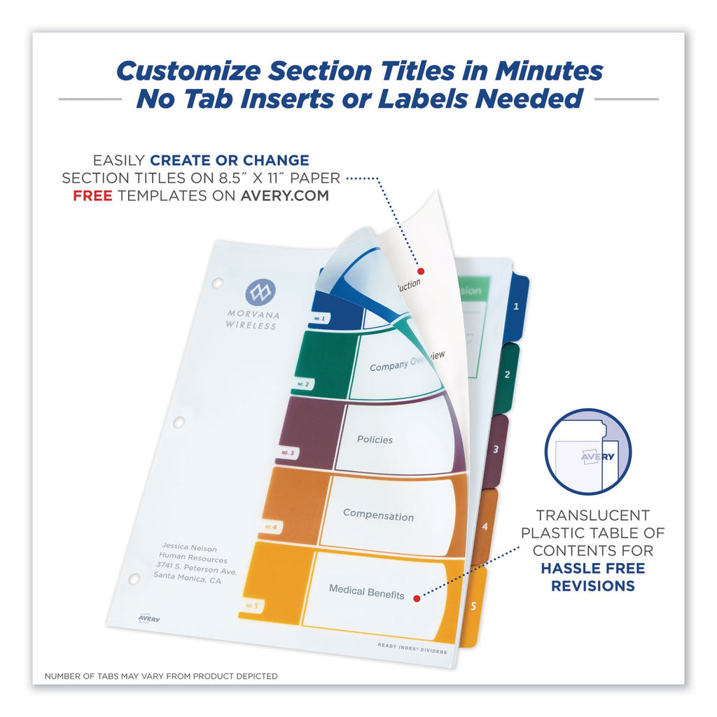 Avery Customizable Table of Contents Ready Index Dividers with Multicolor Tabs, 5-Tab, 1 to 5, 11 x 8.5, Translucent, 1 Set