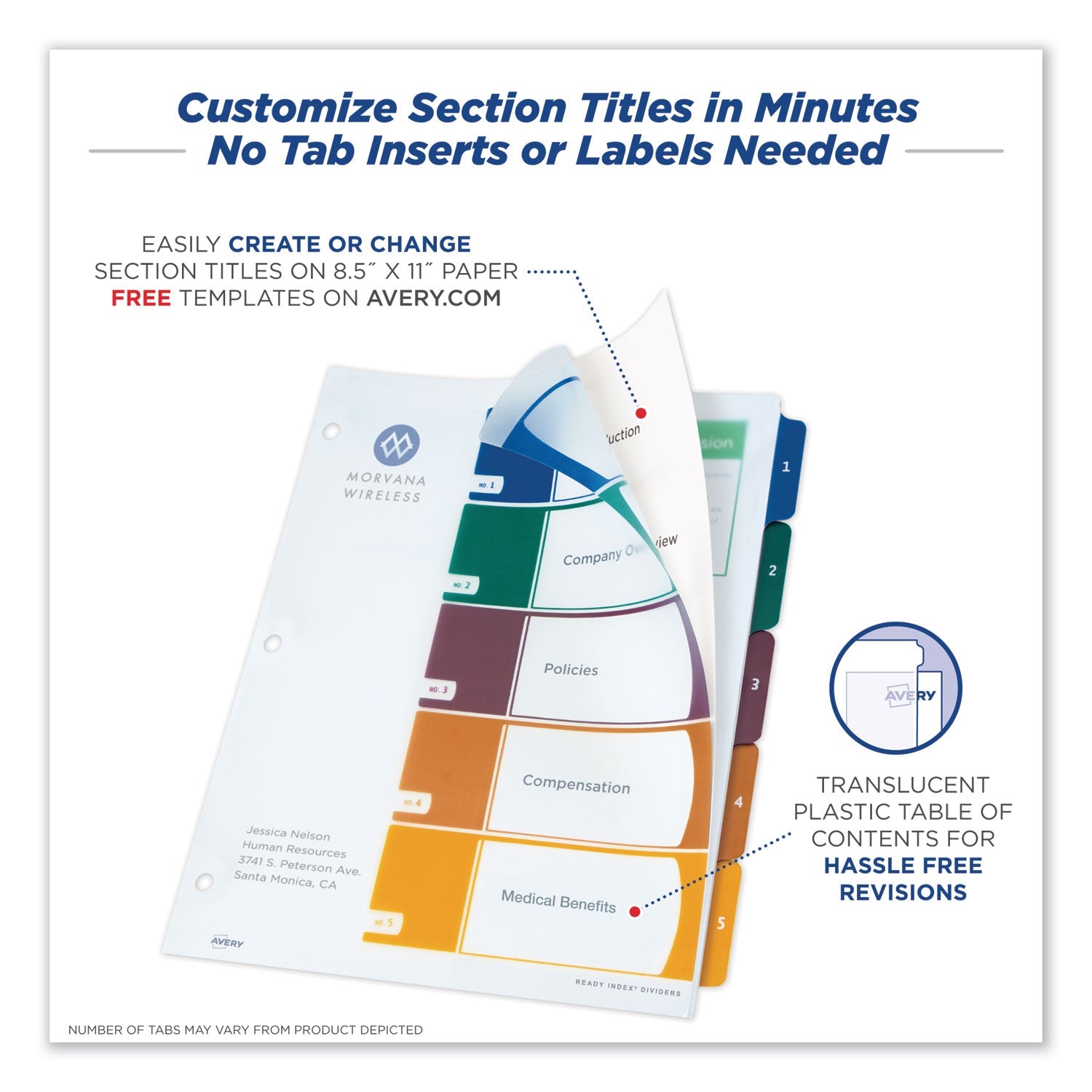 Avery Customizable Table of Contents Ready Index Dividers with Multicolor Tabs, 5-Tab, 1 to 5, 11 x 8.5, Translucent, 1 Set