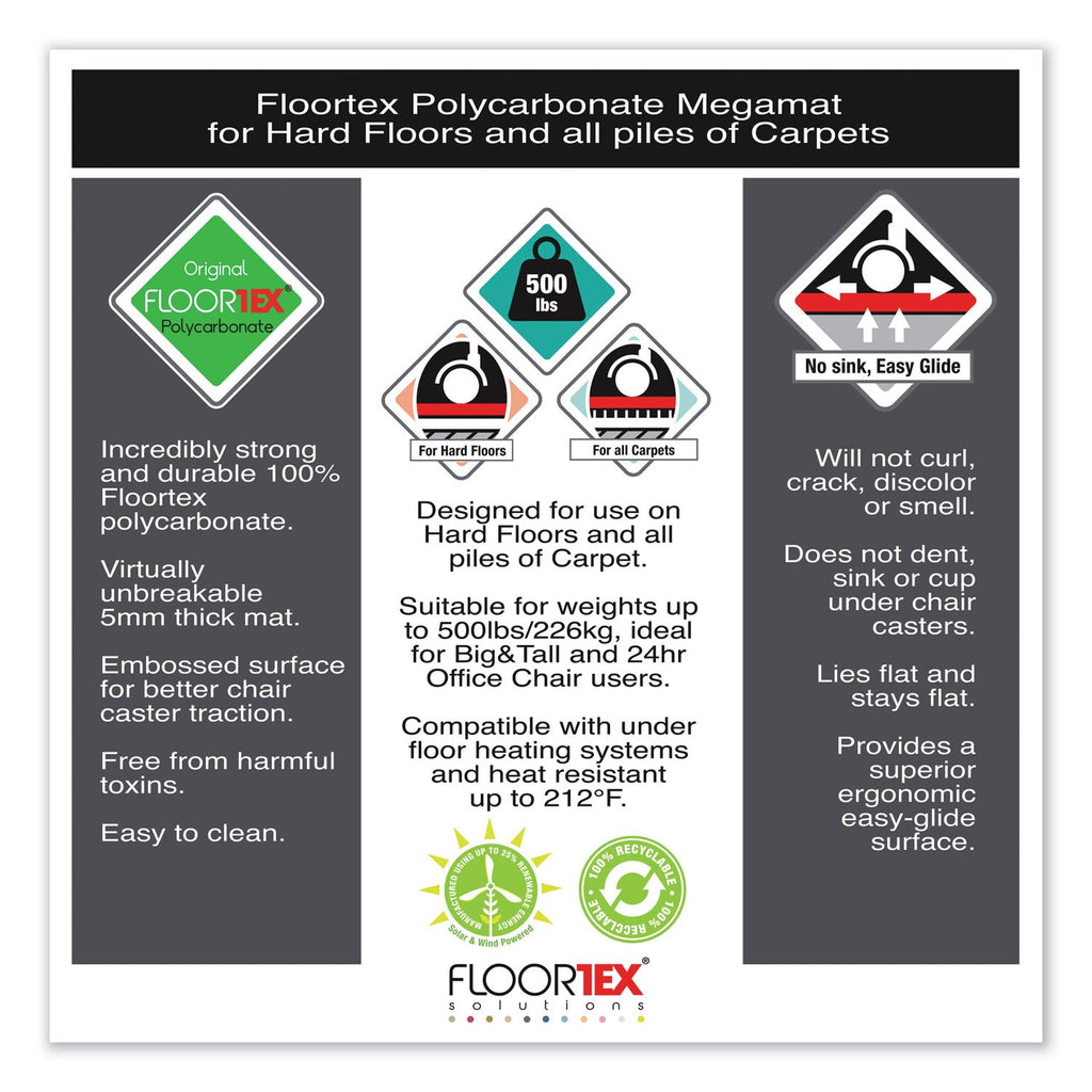 Floortex Cleartex MegaMat Heavy-Duty Polycarbonate Mat for Hard Floor/All Carpet, 46 x 53, Clear