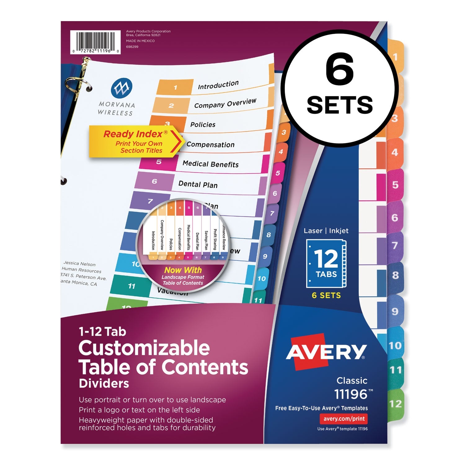 Avery Customizable TOC Ready Index Multicolor Tab Dividers, 12-Tab, 1 to 12, 11 x 8.5, White, Traditional Color Tabs, 6 Sets