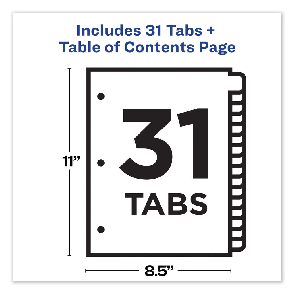 Avery Customizable TOC Ready Index Multicolor Tab Dividers, 31-Tab, 1 to 31, 11 x 8.5, White, Traditional Color Tabs, 1 Set