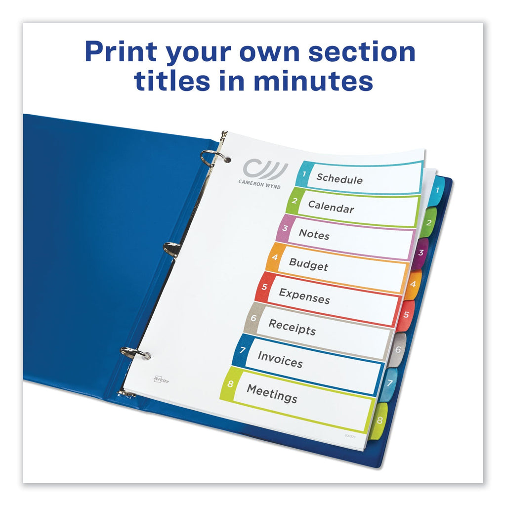 Avery Customizable TOC Ready Index Multicolor Tab Dividers, 8-Tab, 1 to 8, 11 x 8.5, White, Contemporary Color Tabs, 1 Set