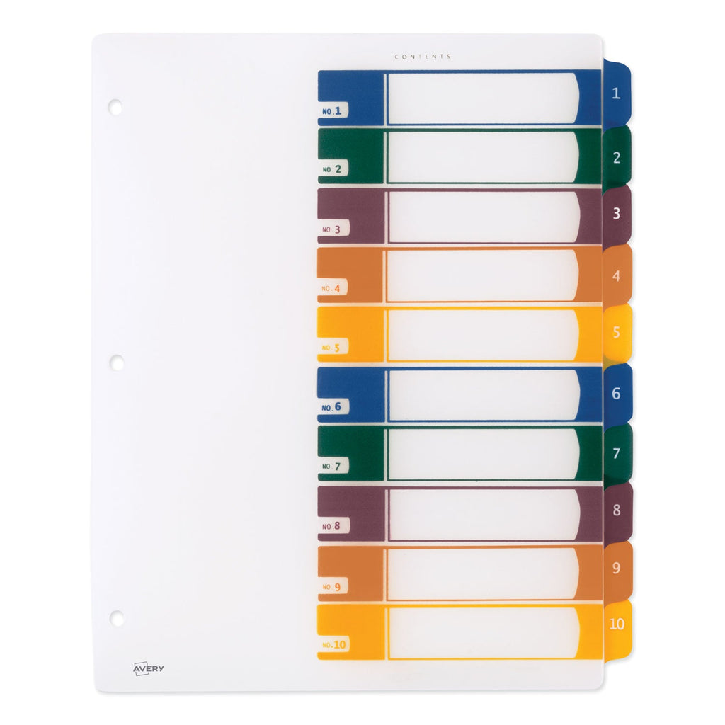 Avery Customizable Table of Contents Ready Index Dividers with Multicolor Tabs, 10-Tab, 1 to 10, 11 x 8.5, Translucent, 1 Set