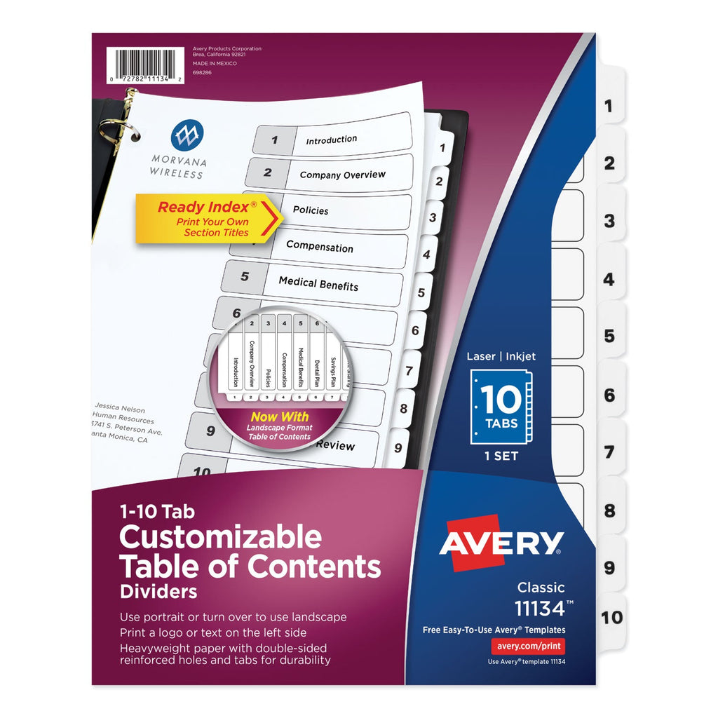 Avery Customizable TOC Ready Index Black and White Dividers, 10-Tab, 1 to 10, 11 x 8.5, 1 Set